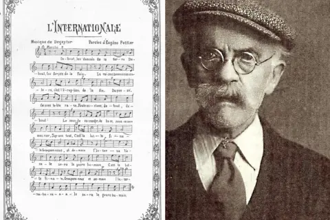 Partition de L'Internationale, musique de Degeyter, et portrait d'Eugène Pottier, poète de ce chant révolutionnaire.