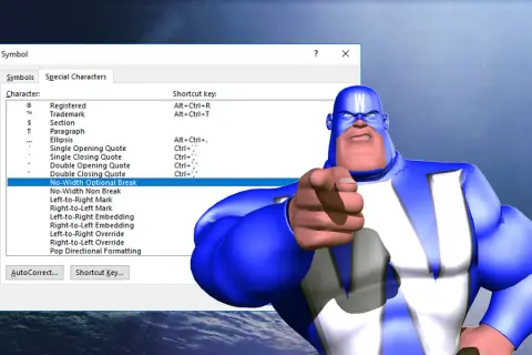 Superbohater wskazuje na opcję "No-Width Optional Break" w oknie Symboli Word, sugerując, że to właśnie ten specjalny znak jest potrzebny.