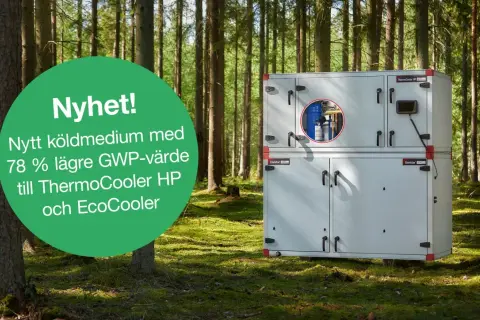 Enhet för värmeaggregat i skogsmiljö. Nytt köldmedium med 78% lägre GWP-värde för ThermoCooler HP och EcoCooler.