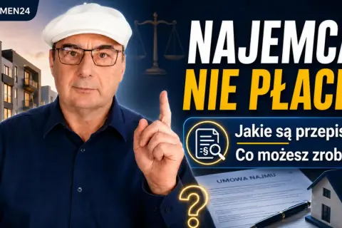 Mężczyzna w białej czapce i okularach wskazuje palcem na napis "NAJEMCA NIE PŁACI?". Obok umowa najmu i mały domek.