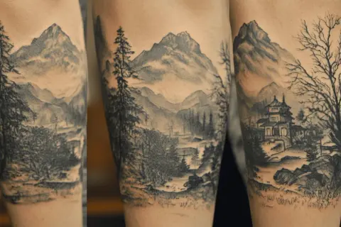 Tatuaje realista de paisaje montañoso con árboles y un templo asiático.