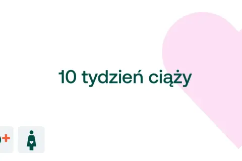 10 tydzień ciąży - tekst na białym tle z różowym sercem i ikonami.