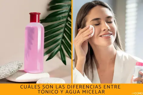Botella de tónico rosa y mujer aplicándose agua micelar. Descubre la diferencia entre tónico y agua micelar para tu rutina de cuidado facial.