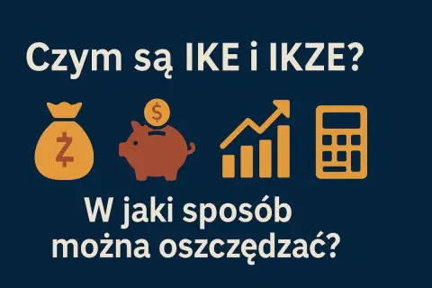 Grafika z ikonami: worek z pieniędzmi, świnka-skarbonka, wykres wzrostu, kalkulator. Pytanie: "Czym są IKE i IKZE? W jaki sposób można oszczędzać?". Sprawdź, czy ike się opłaca.
