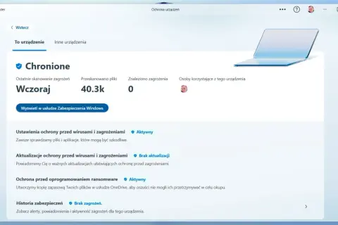 Darmowy antywirus Windows 11: Microsoft Defender chroni Twoje urządzenie, skanując 40.3k plików wczoraj bez żadnych zagrożeń.