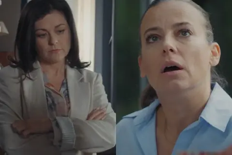 Dwie aktorki z serialu "M jak miłość": jedna zamyślona w jasnej marynarce, druga zaskoczona z otwartymi ustami.