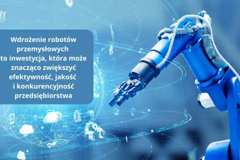 Niebieski robot przegubowy w ruchu, symbolizujący nowoczesną produkcję i automatyzację.