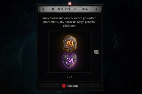 Diablo 2 słowa runiczne: dwie runy, jedna żółta, druga fioletowa, czekają na umieszczenie w gnieździe przedmiotu.