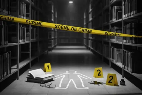 Scène de crime dans une bibliothèque. Une silhouette à la craie, des marqueurs numérotés, un livre d'enquête ouvert et des lunettes sur le sol.