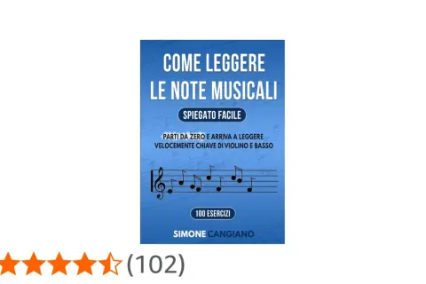 Copertina libro "Come leggere le note musicali", con pentagramma e simbolo nota musicale. Impara velocemente chiave di violino e basso.
