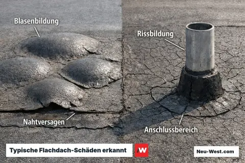 Flachdach mit Blasenbildung, Rissen und Nahtversagen. Ein Rohr ragt aus dem beschädigten Anschlussbereich.