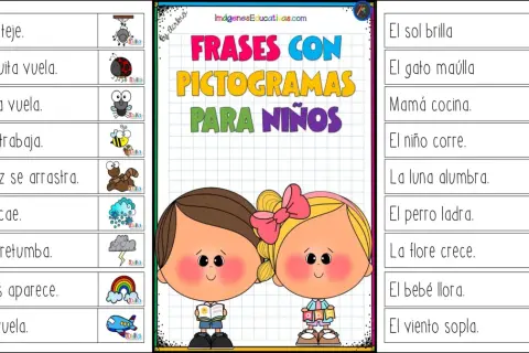 Frases para leer niños de 5 años con pictogramas: la araña teje, el sol brilla, mamá cocina, el niño corre.