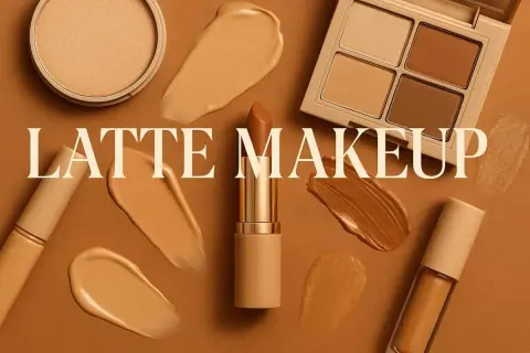 Swatch di fondotinta, rossetto e palette ombretti in tonalità calde, perfetti per un look latte makeup.