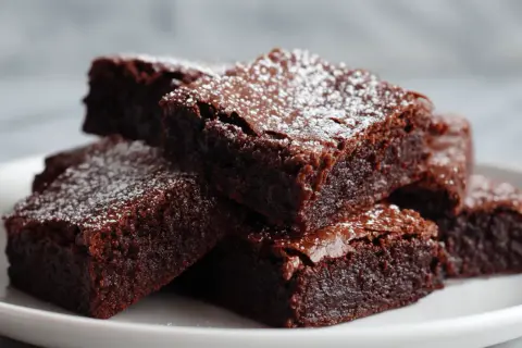 Pyszne brownie z airfryer, posypane cukrem pudrem, ułożone na białym talerzu.