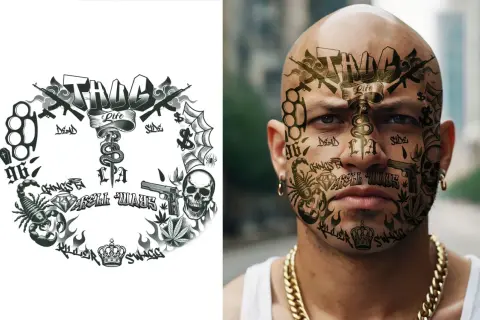 Mężczyzna z tatuażem na twarzy, przedstawiającym broń, skorpiona, czaszkę i napis "Gangsta Life".