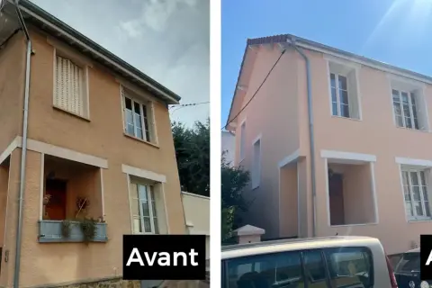 Maison avant après : façade rénovée, plus lumineuse et moderne. Les volets ont été changés, la peinture rafraîchie.
