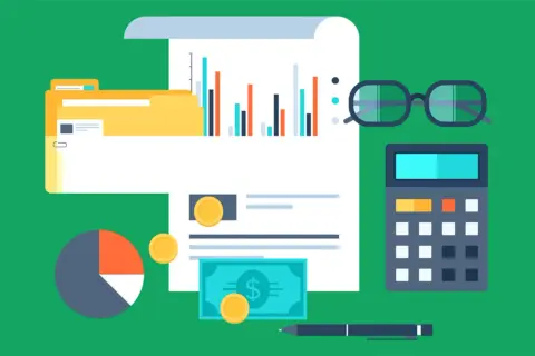 Calculadora, gafas, gráfico y dinero. Si tengo una tienda online debe pagar impuestos.
