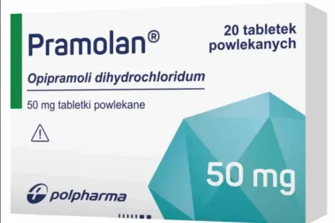 Opakowanie leku Pramolan 50 mg, zawierające 20 tabletek powlekanych. Szukasz zamienników Pramolan?