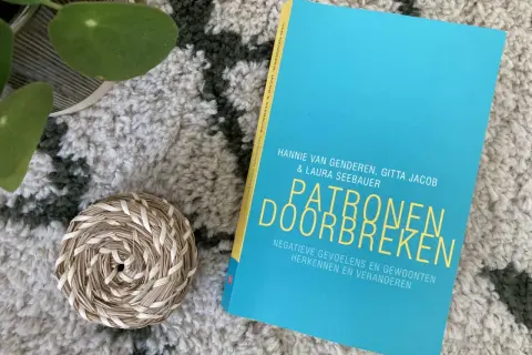 Boek "Patronen doorbreken" op een zachte, getextureerde ondergrond. Een plantje en een mandje liggen ernaast.