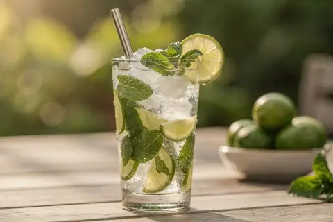 Un verre de mocktail mojito rafraîchissant avec menthe, citron vert et glaçons, sur une table en bois ensoleillée.
