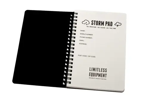 Libreta resistente al agua "Storm Pad" con campos para datos de contacto y el lema "Reliability When It Matters".
