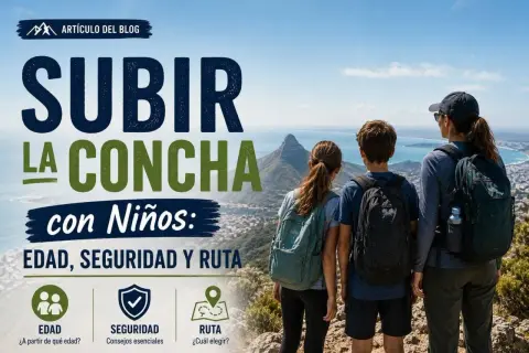 Familia en la cima, preparándose para la concha hike. El texto indica "Subir la concha con niños: Edad, seguridad y ruta".