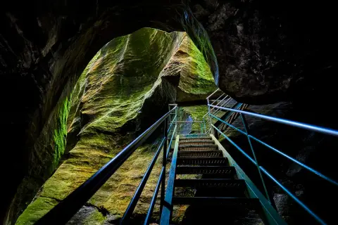 Una scala metallica sale tra le rocce muschiose degli orridi di Uriezzo, illuminata da una luce che filtra dall'alto.