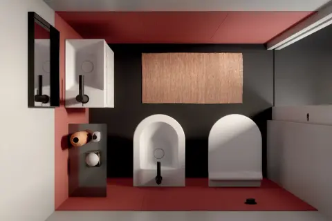 Bagno moderno con lavabo, bidet e water. La distanza tra i sanitari bagno è ottimale per un uso confortevole.