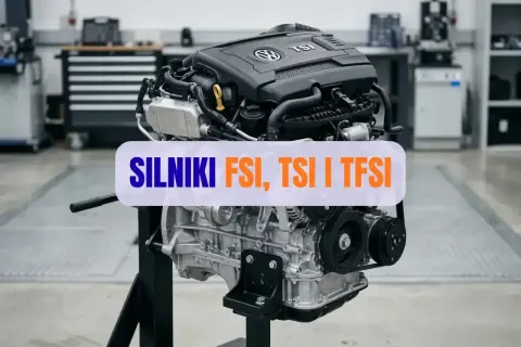 Silnik samochodowy na stojaku, z napisem "SILNIKI FSI, TSI I TFSI".