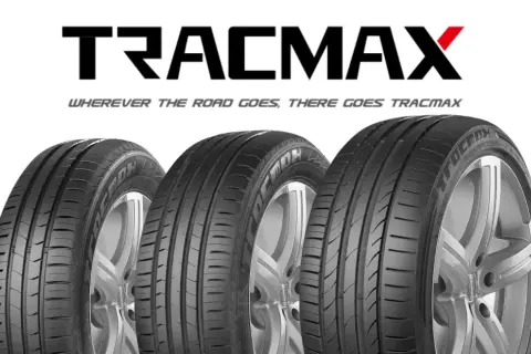 Trois pneus Tracmax sur fond blanc, avec le logo Tracmax en haut. Un avis sur les pneus Tracmax pour toutes les routes.