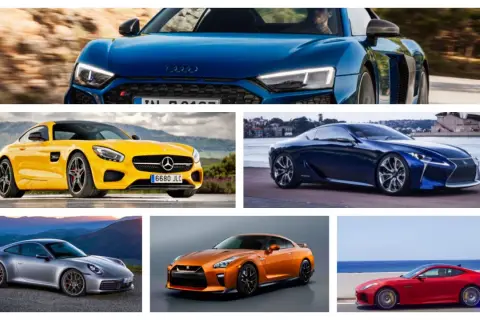 Audi R8 azul, Mercedes-AMG GT amarillo, Lexus LC azul, Porsche 911 plateado, Nissan GT-R naranja y Jaguar F-Type rojo. Los mejores coches deportivos.
