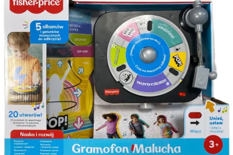 Gramofon Malucha Fisher-Price: 5 albumów muzycznych i 20 utworów, idealny do odkrywania piosenek dla rocznego dziecka. Nauka i rozwój przez muzykę i taniec.
