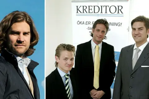 Sebastian Siemiatkowski, en av grundarna av Klarna, porträtterad med två kollegor framför en banderoll med texten "KREDITOR".