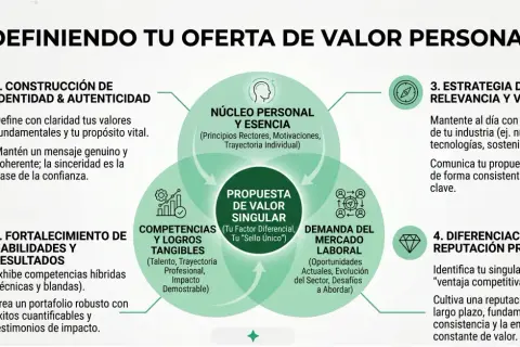 Diagrama sobre cómo definir tu oferta de valor personal, abarcando identidad, habilidades, demanda del mercado y diferenciación.
