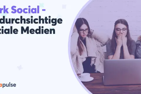Drei Frauen reagieren schockiert auf etwas auf einem Laptop, das mit "Dark Social" und "Undurchsichtige soziale Medien" betitelt ist.