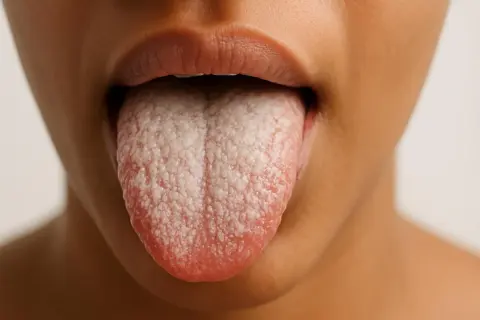 Lingua nera con patina bianca, simile a bicarbonato, che copre la superficie.