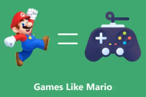 Mario biegnący obok pada do gier, z napisem "Games Like Mario".