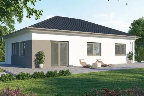 Moderner Bungalow aus Stein mit großem Garten und zwei Liegestühlen.