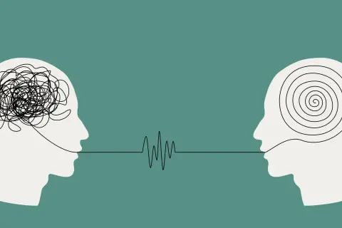 Testa con pensieri aggrovigliati e un'altra con spirali, collegate da un'onda sonora. Forse la psicoterapia non funziona per tutti.