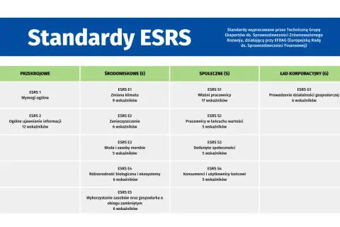 Tabela przedstawia standardy ESRS, kluczowe dla raportu ESG. Obejmuje kategorie środowiskowe, społeczne i ład korporacyjny.