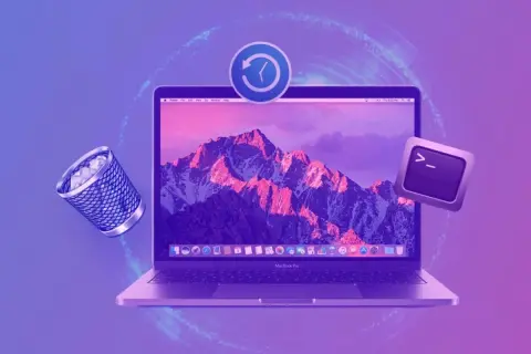 Kosz na śmieci i klawisz terminala unoszą się obok laptopa z górskim krajobrazem na ekranie. Wszystko wygląda jak ostatnio usunięte.