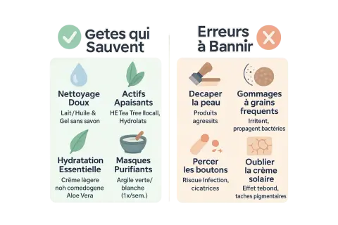 Conseils pour une peau saine : nettoyage doux, actifs apaisants, hydratation. Évitez de décaper, gommer trop, percer les boutons. Un traitement naturel pour l'acné hormonale inclut ces bonnes pratiques.