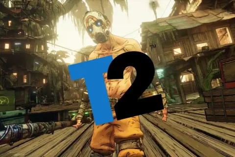Psycho z gry Borderlands 2 od Gearbox Software, stojący na drewnianej platformie w wiosce na drzewach.