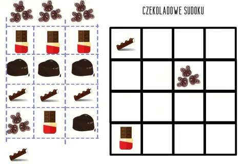 Czekoladowe łamigłówki na dzień czekolady: czekoladki, batoniki i ciasteczka w kształcie króliczków czekają na ułożenie w sudoku.