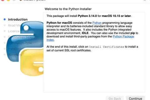 Installation de Python 3.14.0 sur macOS. L'installeur présente les étapes : Introduction, Licence, Destination, Type, Installation et Résumé. Le logo Python est visible.