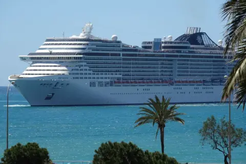 Ogromny statek wycieczkowy MSC Divina płynie po turkusowym morzu, z palmami i zielenią na pierwszym planie.