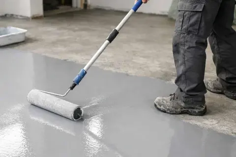 Applicazione di resina epossidica su pavimento grezzo. Le proporzioni resina epossidica sono fondamentali per un risultato perfetto.