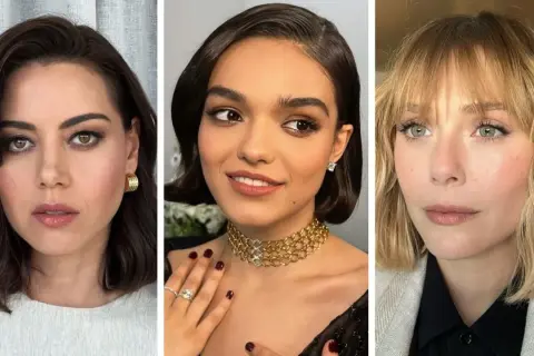 Tres mujeres lucen diferentes peinados bob: uno oscuro y ondulado, otro corto y liso con raya lateral, y uno rubio con flequillo.