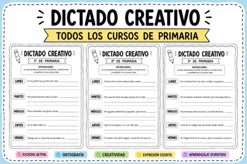 Hoja de dictado creativo para 1º de primaria con frases para completar cada día de la semana.
