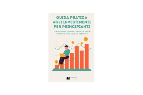 Guida pratica per imparare a investire denaro. Illustrazione di un uomo con laptop su grafico finanziario in crescita.